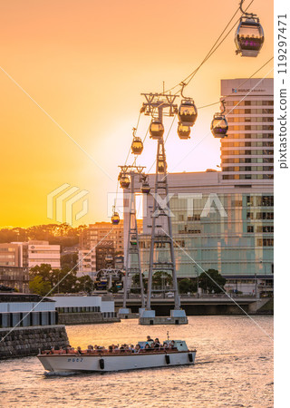 Yokohama cityscape in Japan in October. View of the ropeway. In the background is YOKOHAMA AIR CABIN in the direction of Sakuragicho Station. Yokohama cityscape in Japan in October. View of the ropeway. In the background is YOKOHAMA AIR CABIN in the direction of Sakuragicho Station. 119297471
