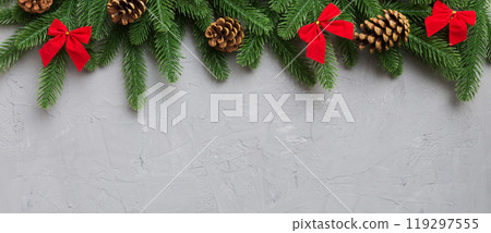 Christmas background with fir branches and Christmas decor. Top view, copy space for text Christmas background with fir branches and Christmas decor. Top view, copy space for text 119297555