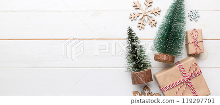 Flat lay composition with christmas trees on color background. Top view with copy space 119297701