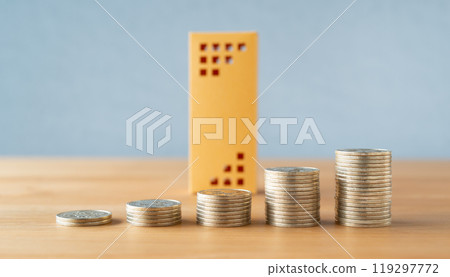 Coins and real estate lined up, increasing assets, investment, tax, inheritance, building, condominium, real estate price Coins and real estate lined up, increasing assets, investment, tax, inheritance, building, condominium, real estate price 119297772