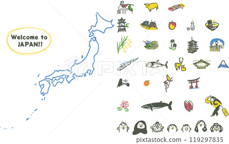 日本地圖、日本著名歷史遺跡和特產以及微笑的人們的庫存插圖素材集 119297835
