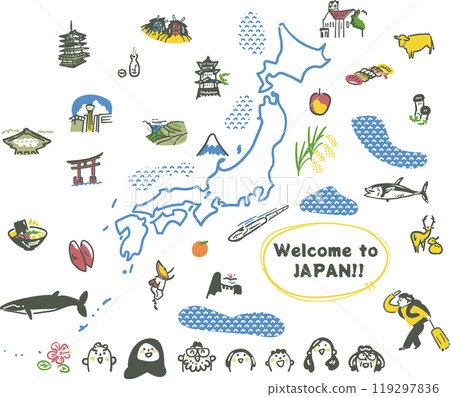 日本地圖、日本著名歷史遺跡和特產以及微笑的人們的庫存插圖素材集 119297836