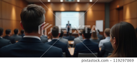 A speaker addresses an audience during a business conference in a modern conference room, with attendees listening attentively. The scene captures professionalism, networking, and corporate learning. 119297869