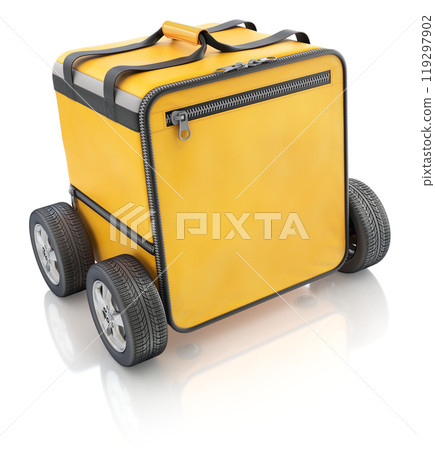 Food delivery courier bag mockup with wheels on white reflective background - 3D illustration 119297902
