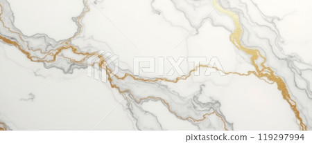 A luxurious white marble texture with subtle gold veins running through the surface, creating an elegant and refined design. The natural stone pattern is perfect for backgrounds or decor. 119297994