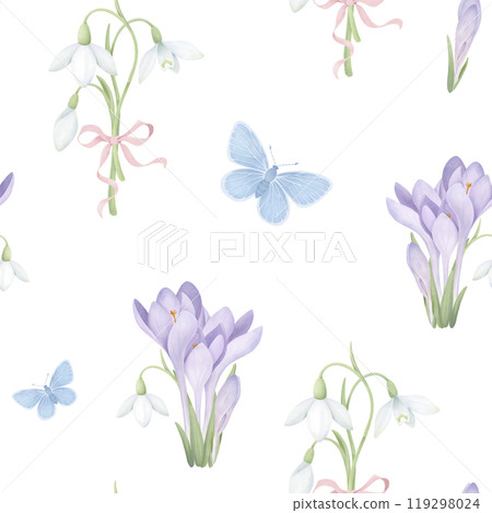 Seamless pattern with purple crocuses, snowdrops and butterflies. Watercolor hand-drawn illustration on a white background. Spring flower clipart for fabric, wallpaper, fashion, decoration. 119298024