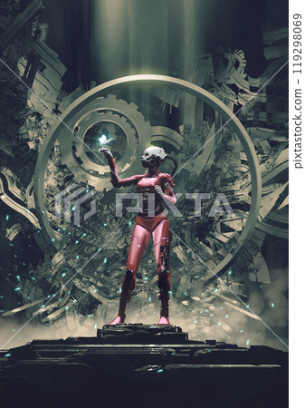 Futuristic Cyborg with Glowing Butterfly in Sci-Fi Scene 119298069