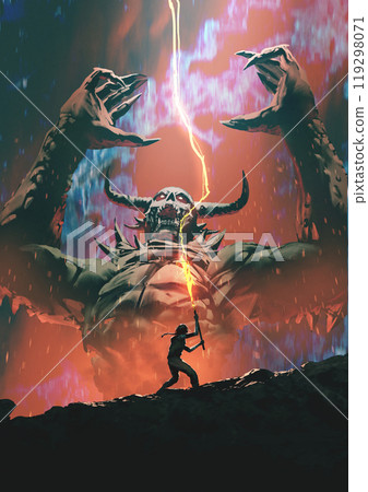 Warrior Facing Giant Demon in Epic Fantasy Battle Warrior Facing Giant Demon in Epic Fantasy Battle 119298071