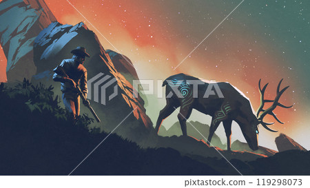 Hunter Stalking Glowing Mythical Stag in Mountain Landscape Hunter Stalking Glowing Mythical Stag in Mountain Landscape 119298073