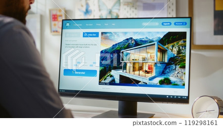 Close up of adult man typing prompt. AI video generator creates video of modern house 119298161