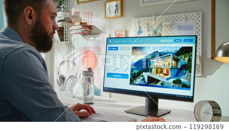 Adult man types text prompt. AI image generator generates photo of modern house on computer Adult man types text prompt. AI image generator generates photo of modern house on computer 119298169