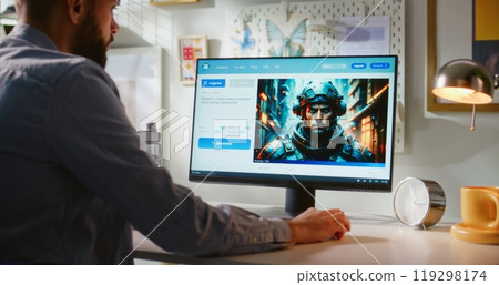 AI image generator generates detailed photo of futuristic soldier on computer AI image generator generates detailed photo of futuristic soldier on computer 119298174