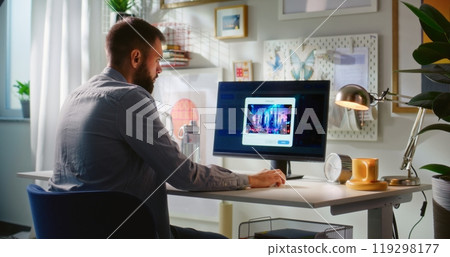 AI image generator creates detailed photo of cyberpunk city on computer 119298177