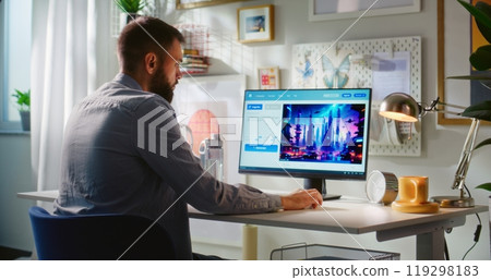 AI image generator creates detailed photo of cyberpunk city on computer 119298183