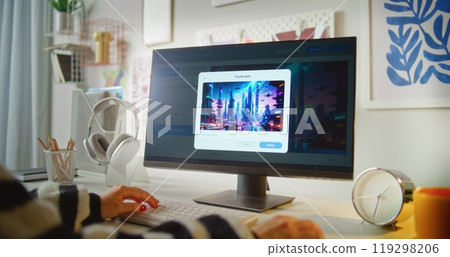 AI image generator creates detailed photo of cyberpunk city on computer 119298206