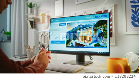 Young man uses AI video generator generating detailed video of modern house Young man uses AI video generator generating detailed video of modern house 119298224