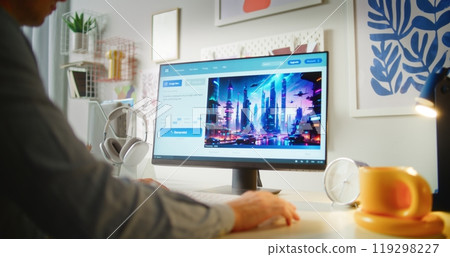 PC screen shows artificial intelligence generating detailed photo of cyberpunk city 119298227