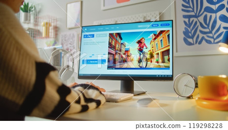 PC screen shows AI generated detailed photo of girl on bicycle in AI image generator 119298228