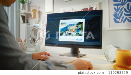 Young man types prompt in AI image generator on PC to generate photo of modern minimalist house Young man types prompt in AI image generator on PC to generate photo of modern minimalist house 119298229