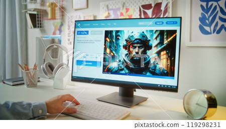Man typing prompt in AI image generator. PC screen shows AI generated photo of futuristic soldier Man typing prompt in AI image generator. PC screen shows AI generated photo of futuristic soldier 119298231