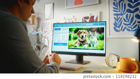 AI image generator creates detailed photo of cute dog and cat on computer 119298232