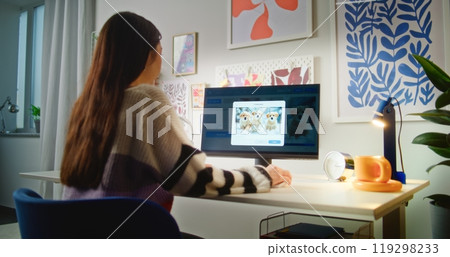 Back view of girl typing prompt in AI image generator using PC Back view of girl typing prompt in AI image generator using PC 119298233