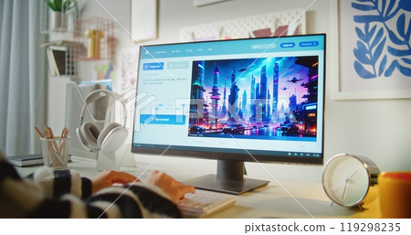 AI image generator creates detailed photo of cyberpunk city on computer 119298235