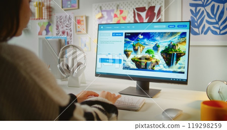 Girl types prompt in AI video generator. AI generated video of surreal world with floating islands 119298259