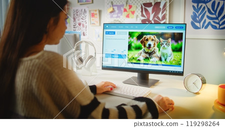 Girl enters text prompt. AI image generator creates detailed photo of cute dog and cat Girl enters text prompt. AI image generator creates detailed photo of cute dog and cat 119298264