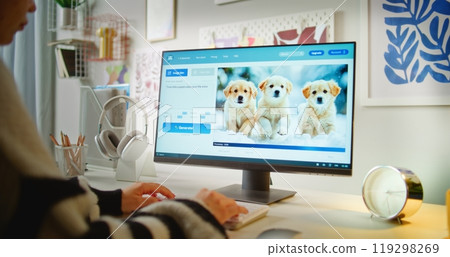 Teen girl enters prompt. AI image generator creates detailed photo of puppies on PC 119298269