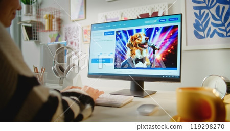 Back view of girl typing prompt in AI video generator on personal computer Back view of girl typing prompt in AI video generator on personal computer 119298270