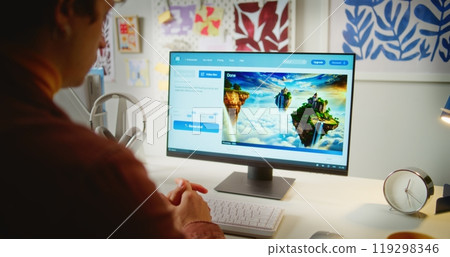 Young man enters prompt in artificial intelligence chatbot on personal computer Young man enters prompt in artificial intelligence chatbot on personal computer 119298346