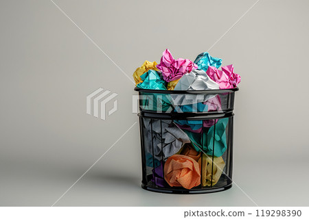 A trash can full of crumpled paper balls 119298390