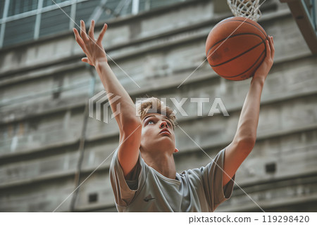 A young man shoots a basketball toward a hoop 119298420