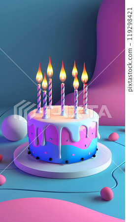 Birthday cake with burning candles on vibrant blue and pink background 119298421