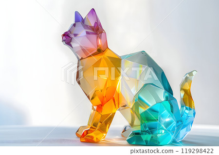 A colorful geometric cat figurine sits on a white surface 119298422