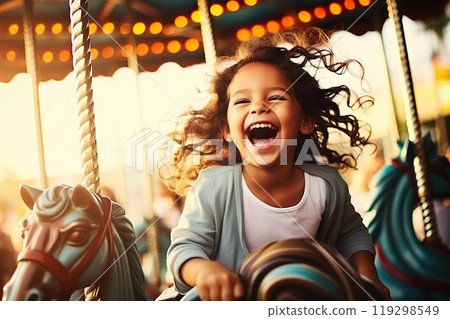 Joyful Carousel Delight A Happy Young Girl Revels in Excitement on a Colorful Merry-Go-Round at the Amusement Park. created with Generative AI 119298549