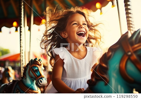 Joyful Carousel Delight A Happy Young Girl Revels in Excitement on a Colorful Merry-Go-Round at the Amusement Park. created with Generative AI 119298550