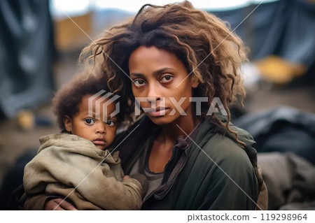 Resilience and Hope Young Homeless Woman Embraces a Baby in a Refugee Camp, Symbolizing the Struggle, Refuge, and Integration of Migrants. created with Generative AI 119298964