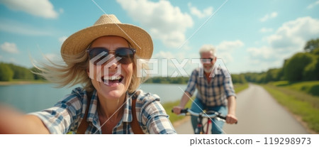 A smiling couple enjoys a bicycle ride together on a sunny day in the countryside. The bright and cheerful scene captures the couple riding along a path surrounded by greenery and nature. 119298973