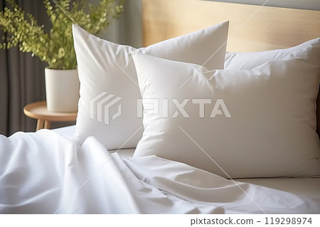Serene Slumber Bedroom Interior Design Bliss Featuring a Comfortable Bed Adorned with Soft White Pillows and Bedding. created with Generative AI 119298974