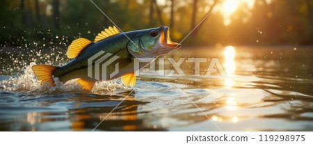 A close-up of a fish jumping out of the water during sunrise, creating splashes in a natural, tranquil setting. The golden light of the morning sun reflects on the fish and water surface, enhancing 119298975