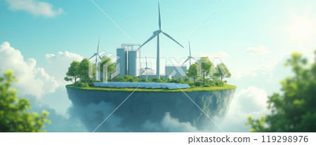 A floating island covered in greenery with modern wind turbines generating energy. The serene scene features a bright blue sky and calm waters below, symbolizing sustainability and clean energy. 119298976