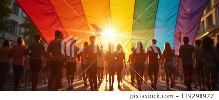 A large crowd of people walking under a giant rainbow flag during a pride parade. The sun shines brightly behind them, illuminating the vibrant colors of the flag and creating a sense of unity and A large crowd of people walking under a giant rainbow flag during a pride parade. The sun shines brightly behind them, illuminating the vibrant colors of the flag and creating a sense of unity and 119298977