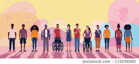 An illustration depicting a diverse group of people standing together, including individuals of various ages, races, and physical abilities. The group stands against a bright, minimalistic background 119298980