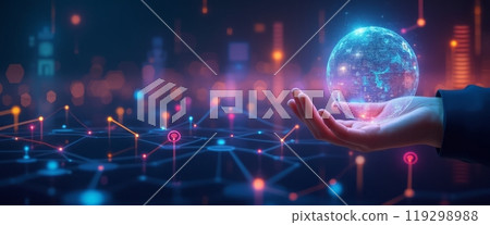 A hand is seen holding a glowing digital globe surrounded by a network of connections. The futuristic scene represents technology, innovation, and global digital communication. 119298988