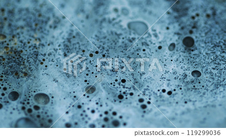 Paint foam texture. Sparkling acryl spill. Blur blue color glitter magic wave liquid bubble emulsion wave flow abstract art background. Paint foam texture. Sparkling acryl spill. Blur blue color glitter magic wave liquid bubble emulsion wave flow abstract art background. 119299036