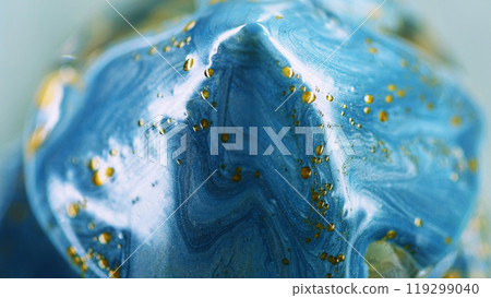Ink pyramid. Sparkling paint drop. Defocused blue golden yellow color shiny wet oil glossy liquid sprinkle wave abstract art background. 119299040