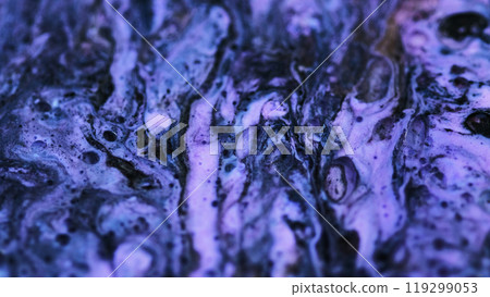 Color foam texture. Ink spill. Defocused purple blue black glitter particles acrylic paint mix wave abstract art background. 119299053