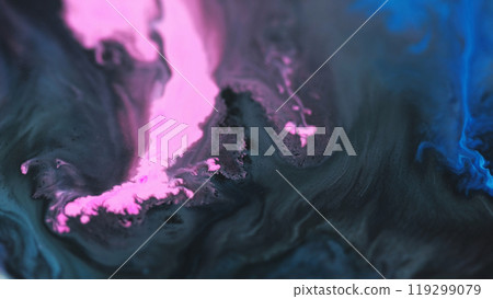 Wet dye drip. Acrylic drop spill. Defocused neon pink blue black color magic ink flow dark fantasy liquid abstract art background. Wet dye drip. Acrylic drop spill. Defocused neon pink blue black color magic ink flow dark fantasy liquid abstract art background. 119299079